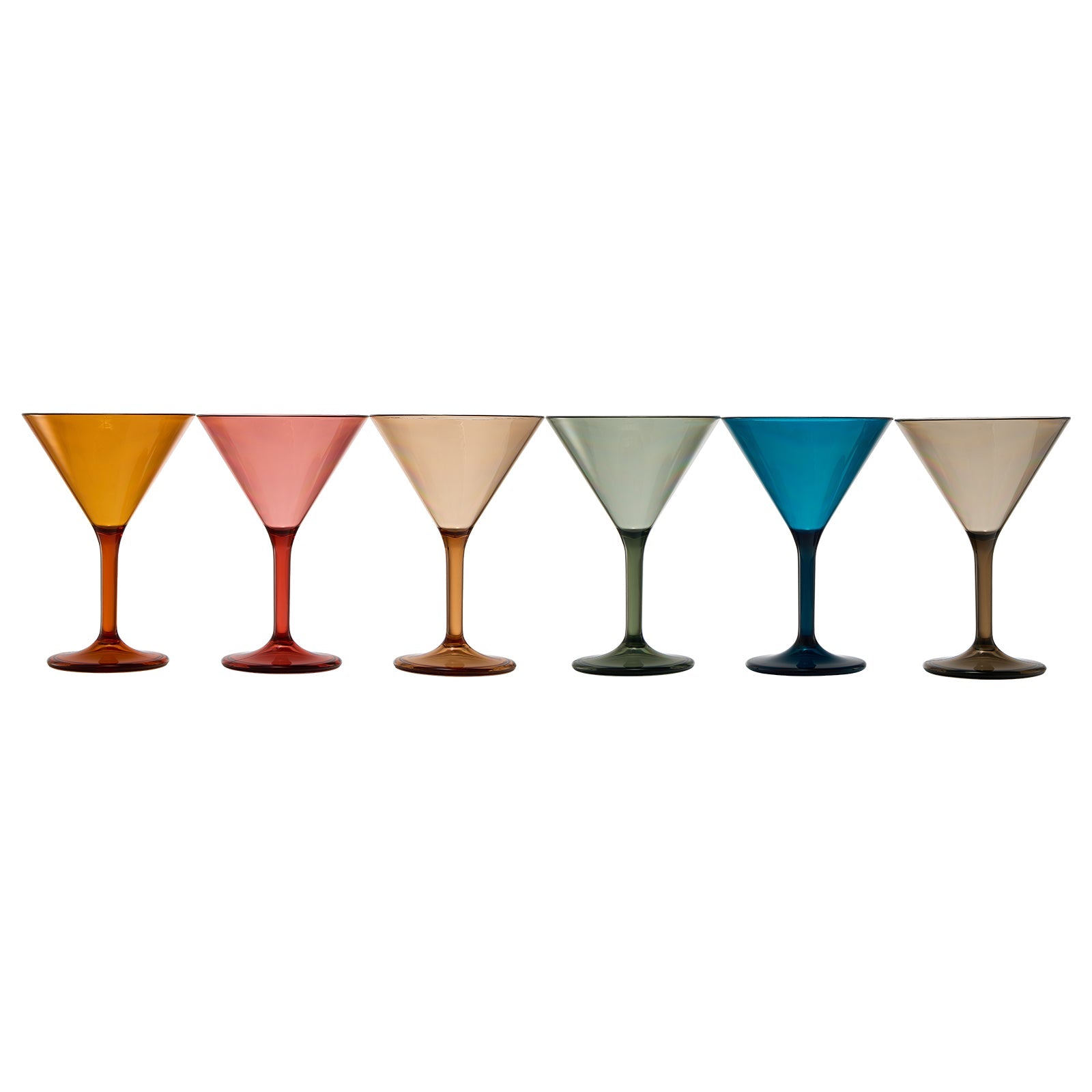 Set of 6 acrylic martini glasses with orange, pink, cream, green, blue and brown tones