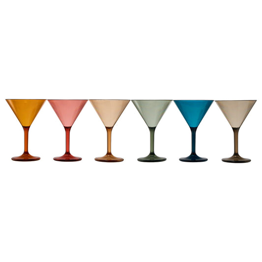 Set of 6 acrylic martini glasses with orange, pink, cream, green, blue and brown tones