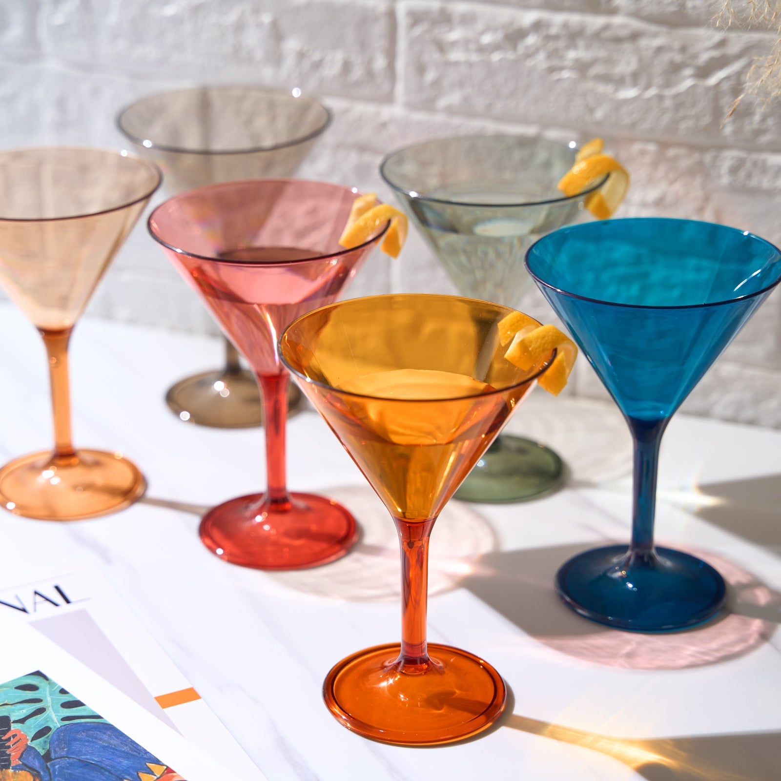 Acrylic martini cocktail glasses set of 6 with lemon twists, orange, pink and blue cups