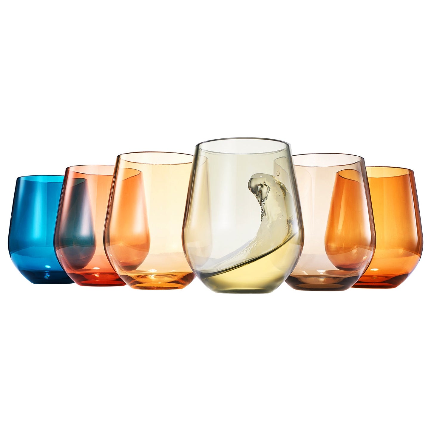 Set of 6 stemless acrylic wine glasses in blue, amber, orange, and clear tones