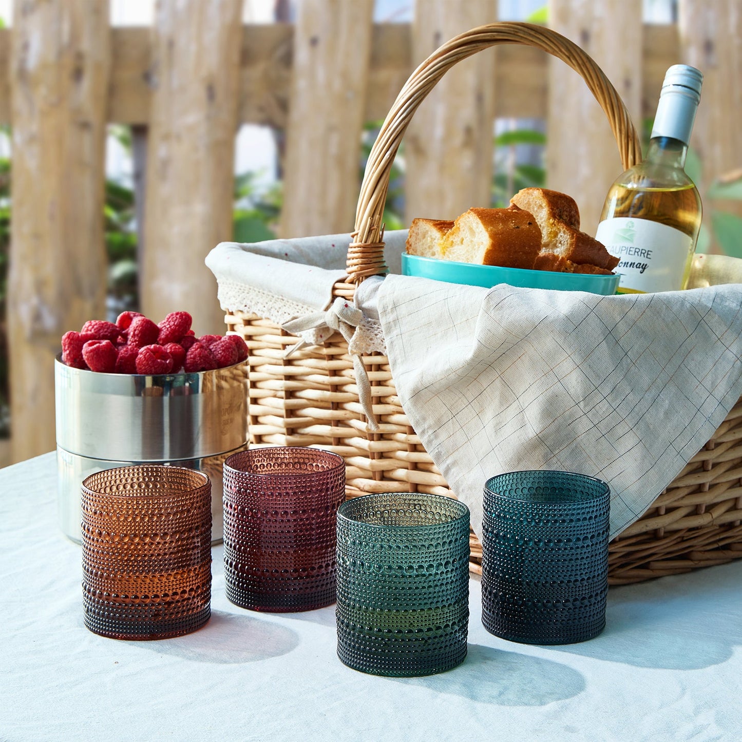 Acrylic hobnail lowball cups set of four in copper, plum, green, and teal