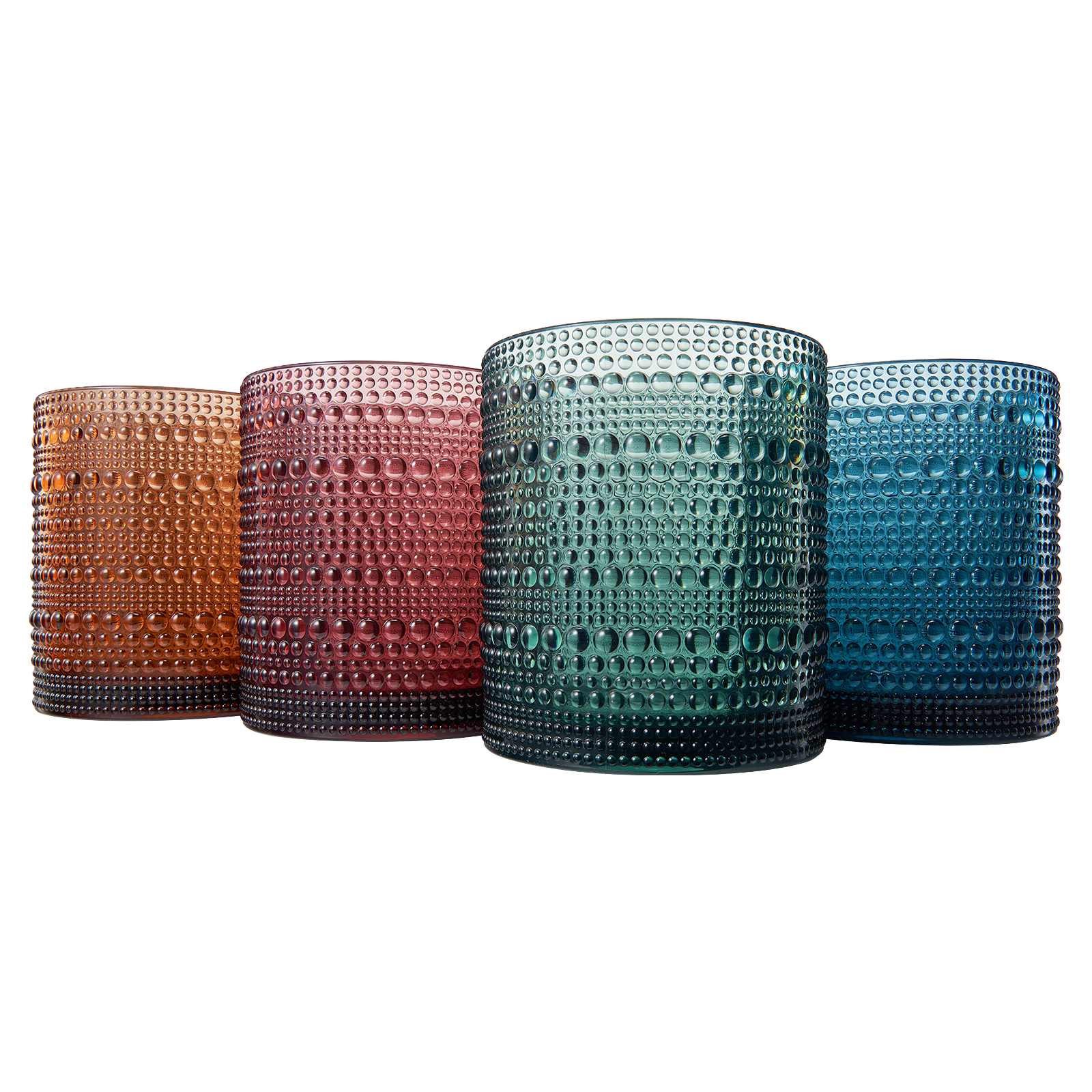 Hobnail lowball glassware set of 4 in amber, plum, teal, and blue acrylic cups