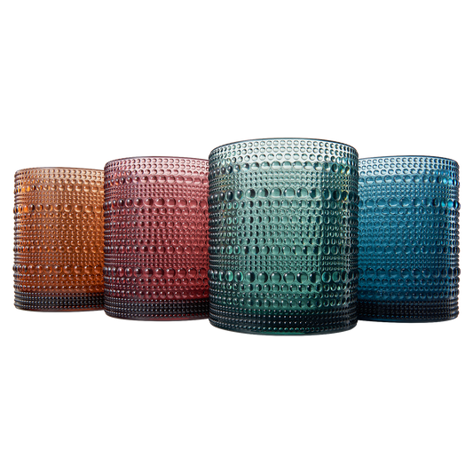 Hobnail lowball glassware set of 4 in amber, plum, teal, and blue acrylic cups