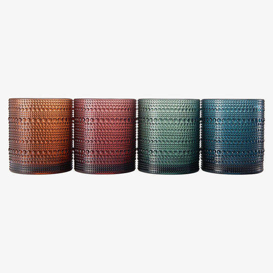 Set of four hobnail lowball glasses in amber, plum, teal, and blue acrylic