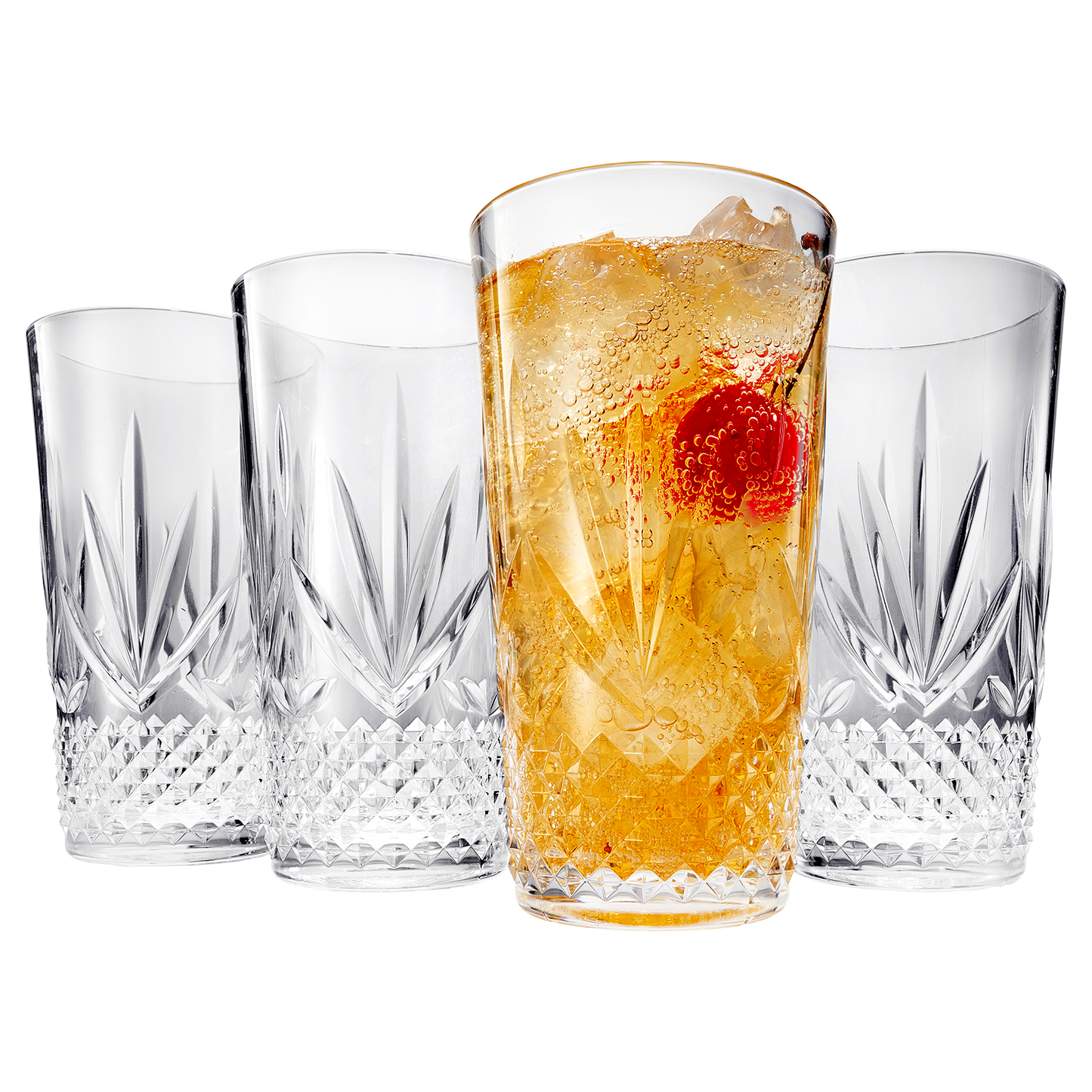 Faceted acrylic highball glasses, one filled with amber drink and ice