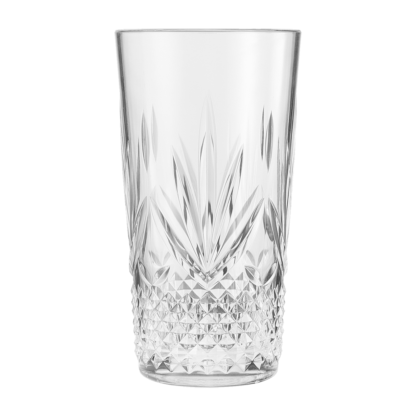 Clear faceted acrylic highball glass with diamond-cut pattern, empty