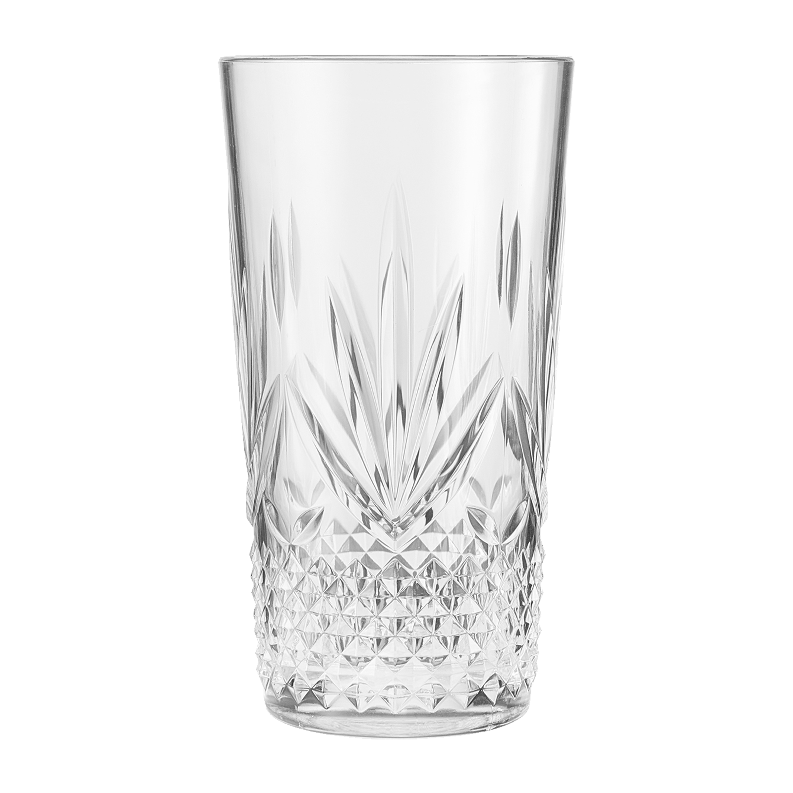 Clear faceted acrylic highball glass with diamond-cut pattern, empty