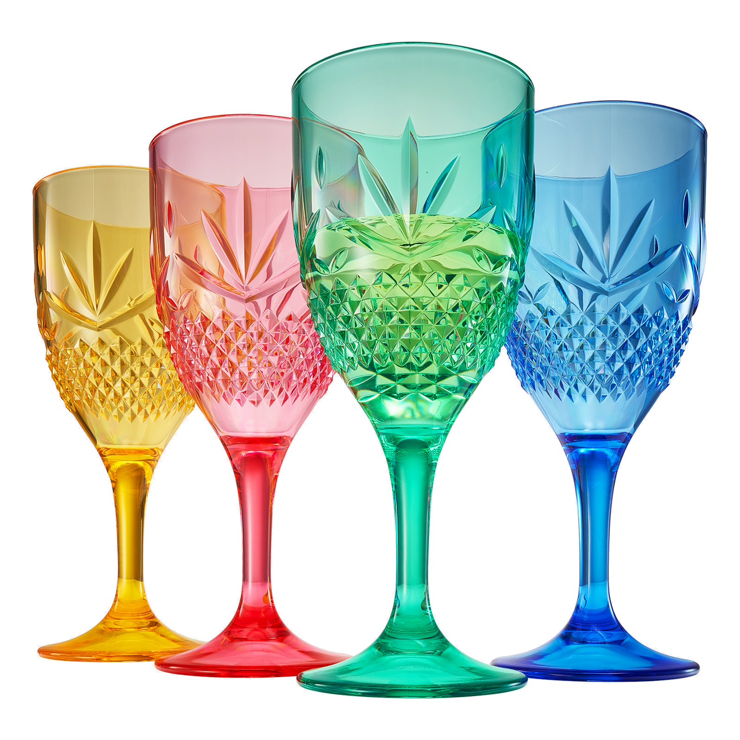 Set of 4 acrylic stemmed wine glasses with faceted cut; blue green red amber