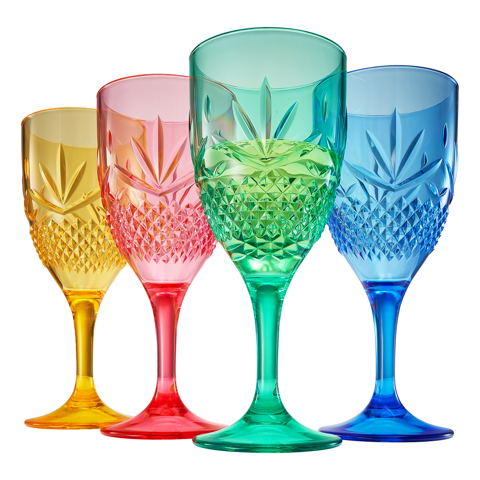 Set of 4 acrylic stemmed wine glasses with faceted cut; blue green red amber