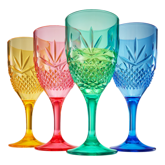 Set of 4 acrylic stemmed wine glasses with faceted cut; blue green red amber