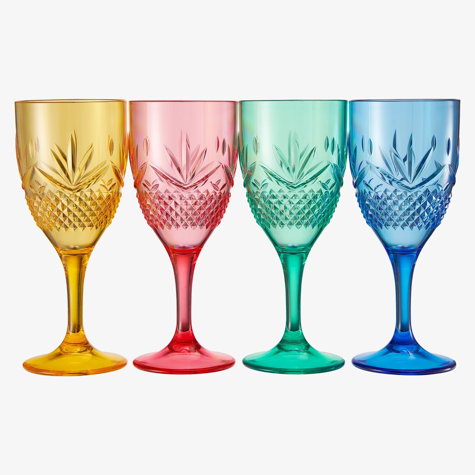 Four acrylic stemmed wine glasses with faceted cut; gold pink green blue