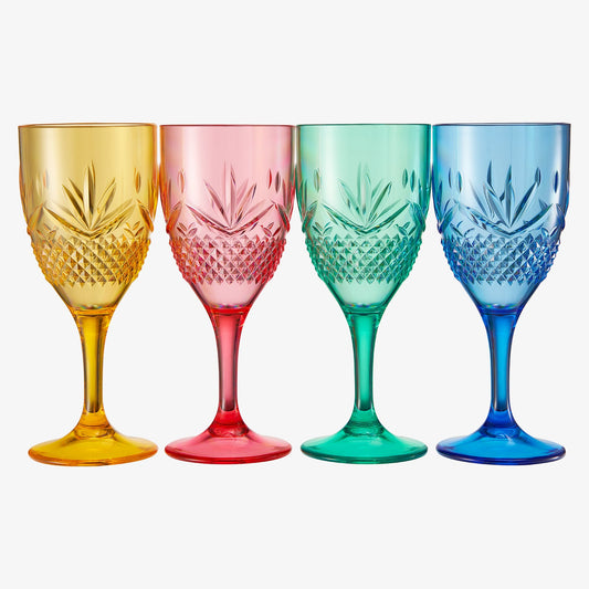 Four acrylic stemmed wine glasses with faceted cut; gold pink green blue
