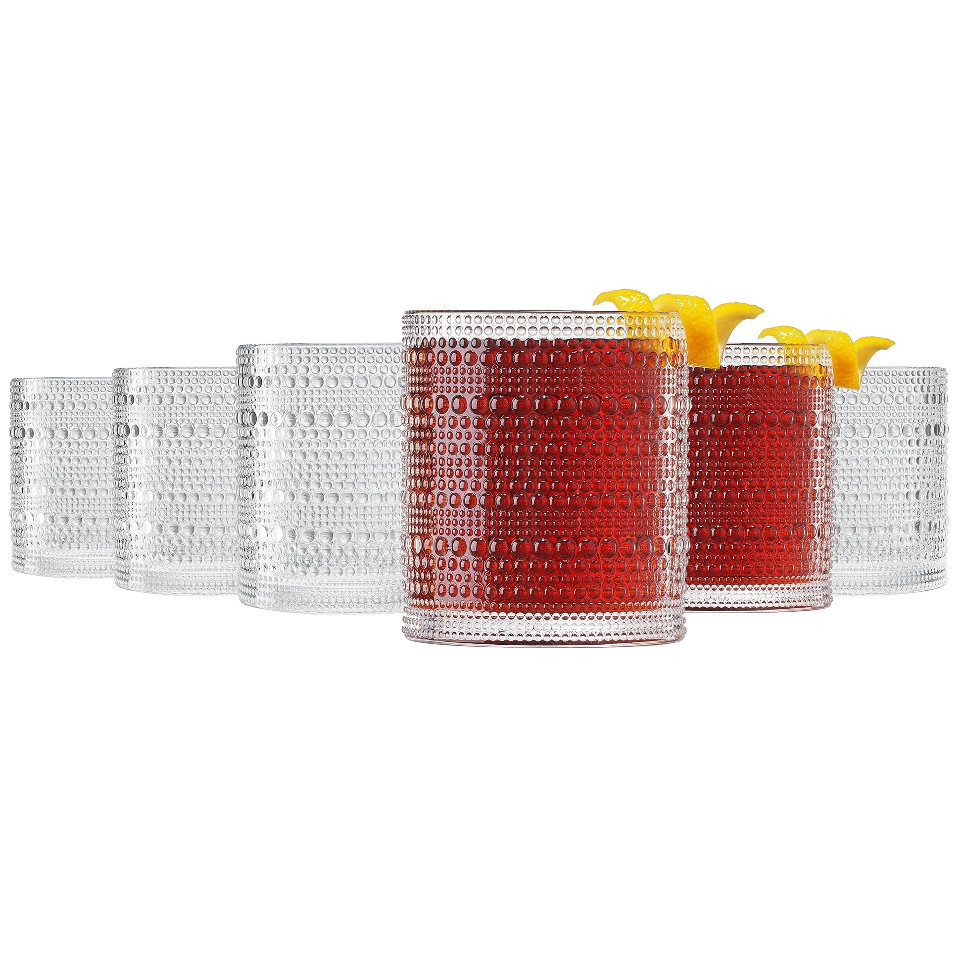 Acrylic lowball glasses set of 6 with hobnail texture, red and clear cups