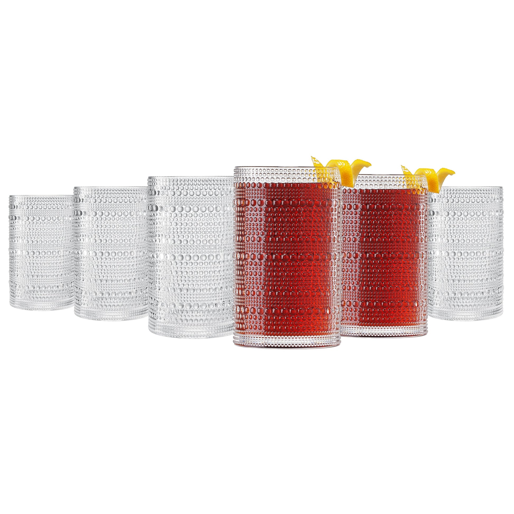 Set of six acrylic highball glasses with hobnail texture, clear and red, yellow garnish