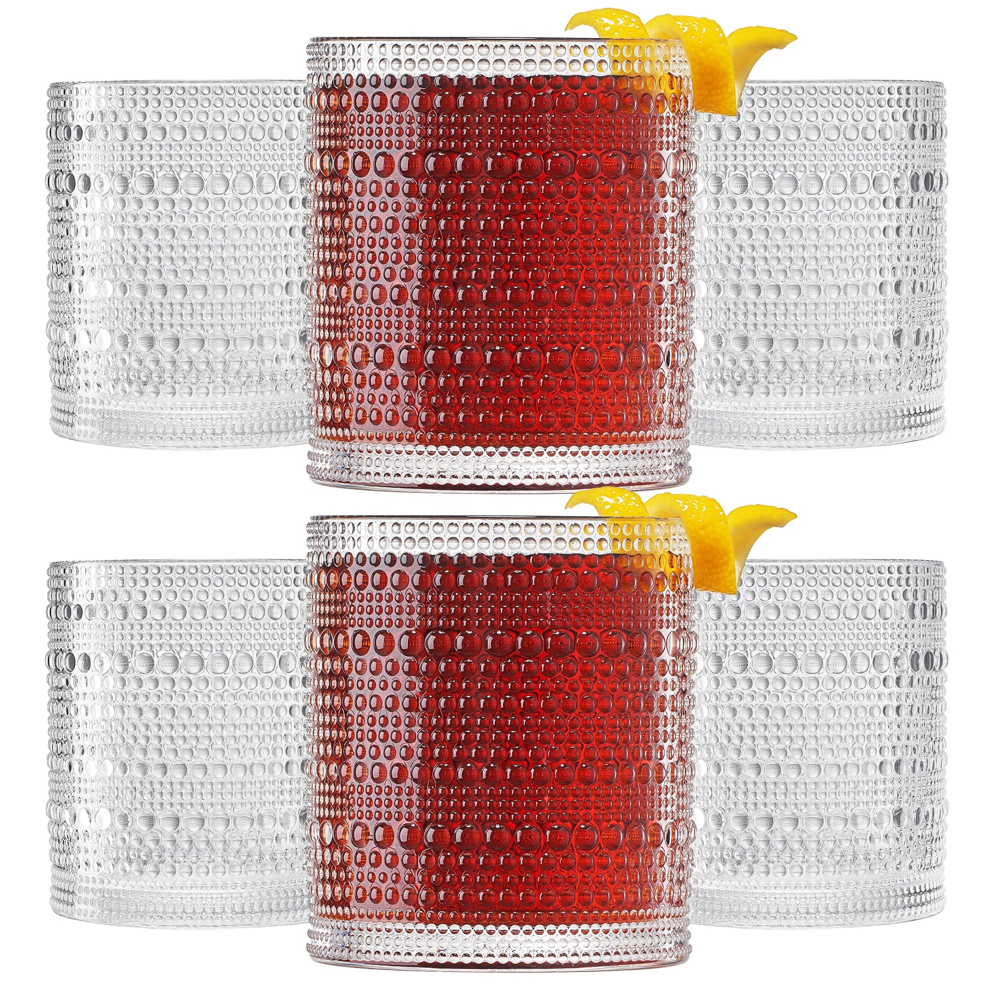 Acrylic lowball glasses set of 6 with hobnail texture, red center with clear stacks