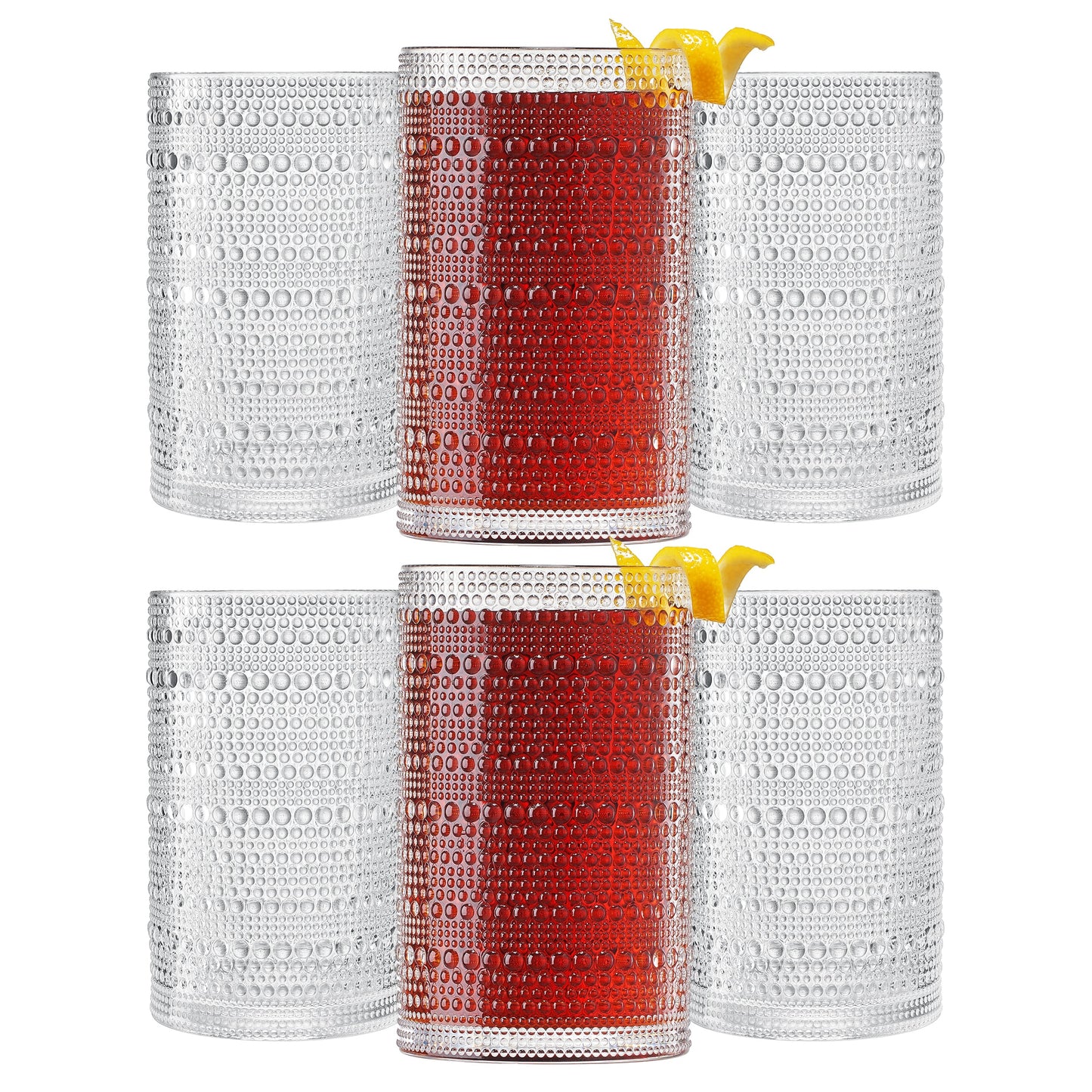 Set of six acrylic highball glasses with hobnail texture, clear and red, yellow topper