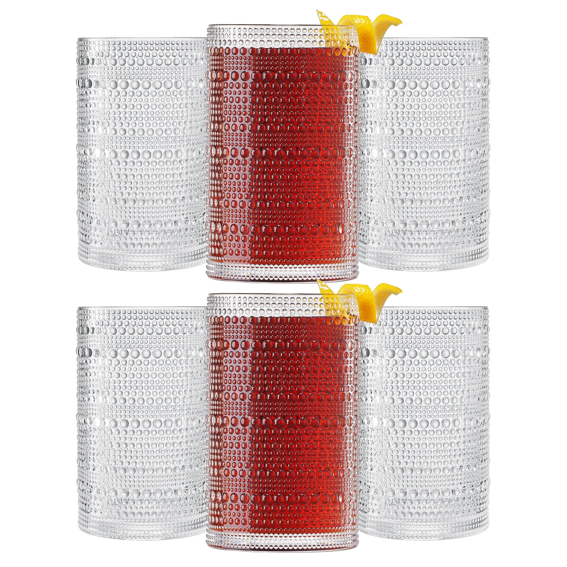 Set of six acrylic highball glasses with hobnail texture, clear and red, yellow topper