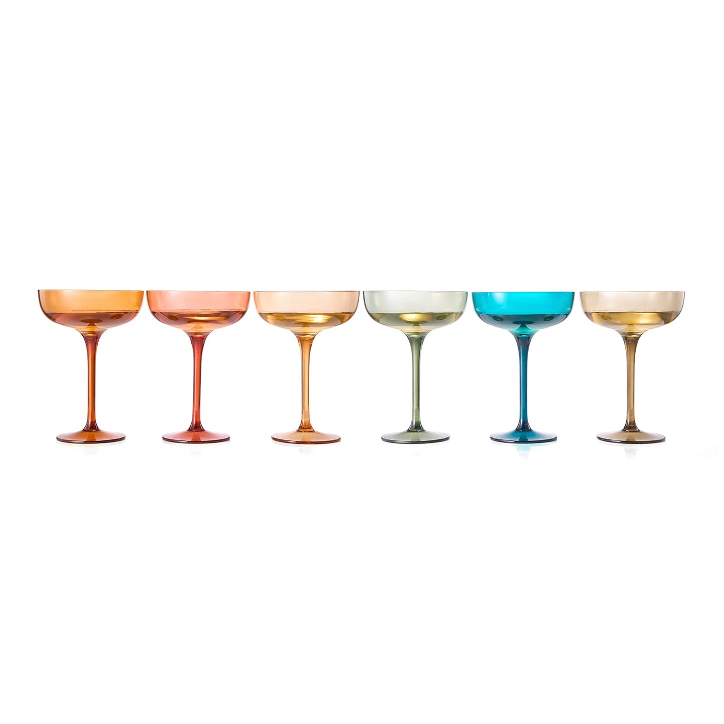 Champagne coupe cocktail glasses set of 6, tinted acrylic in orange, amber, sage, blue