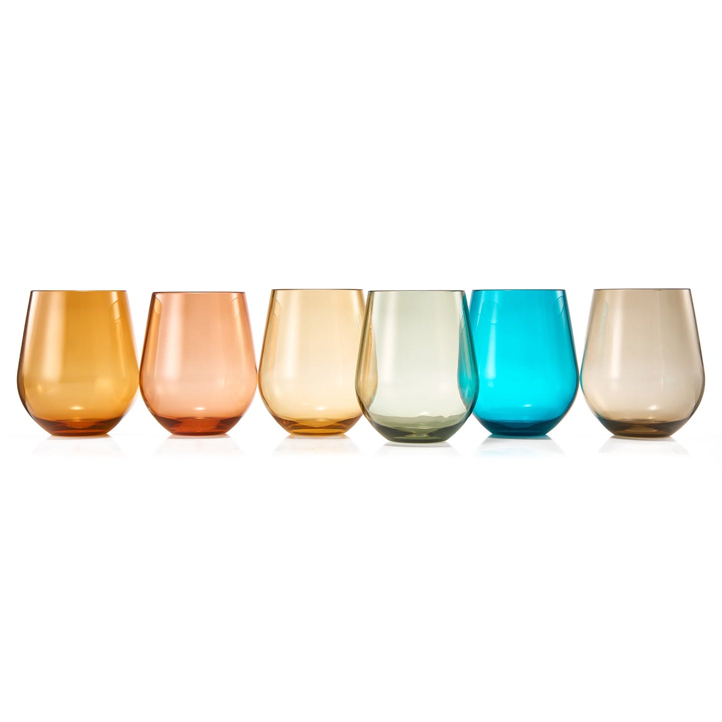 Side view of set of 6 stemless acrylic wine glasses in amber, peach, green, teal, and clear