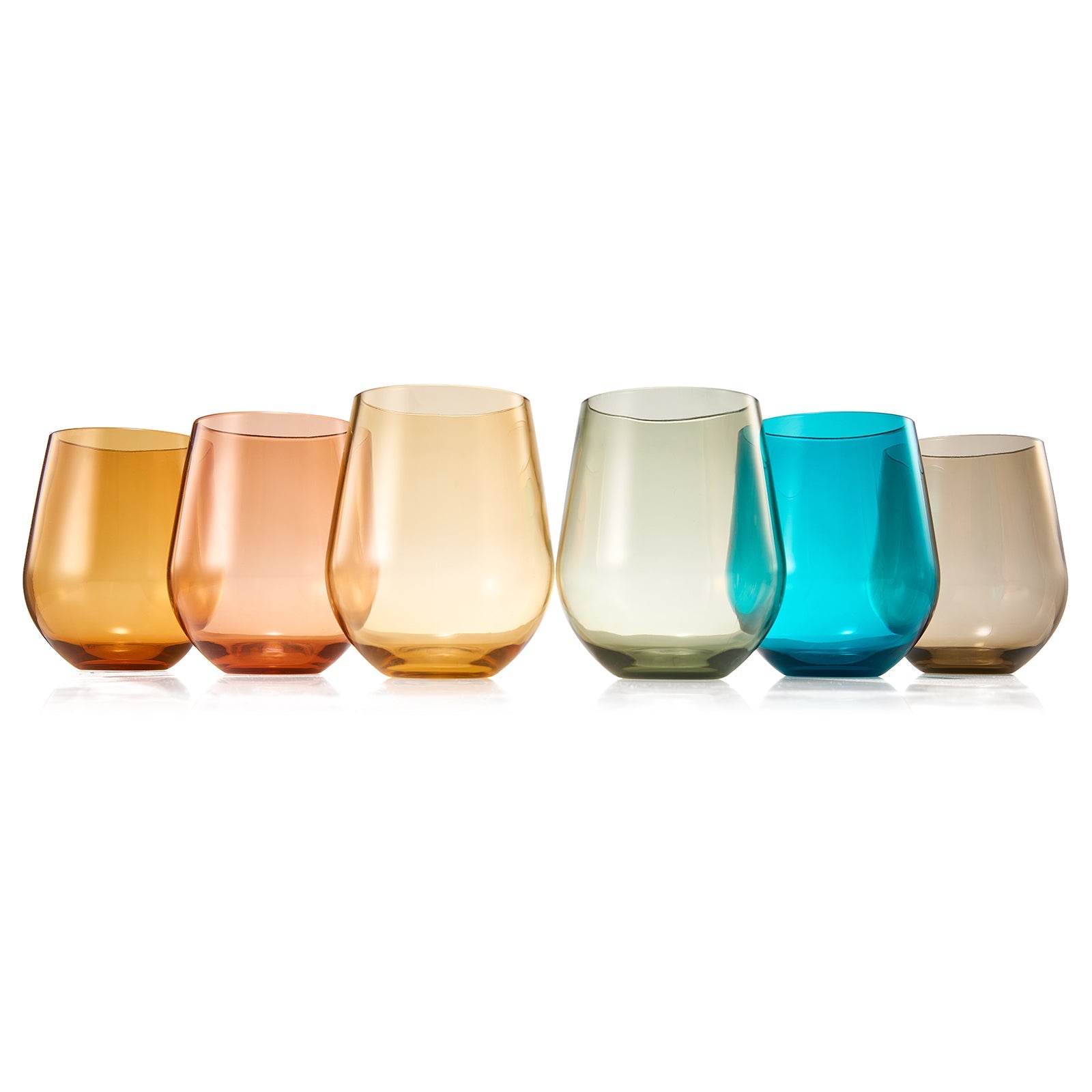 Row of 6 stemless acrylic wine glasses in amber, peach, clear, olive, and teal shades