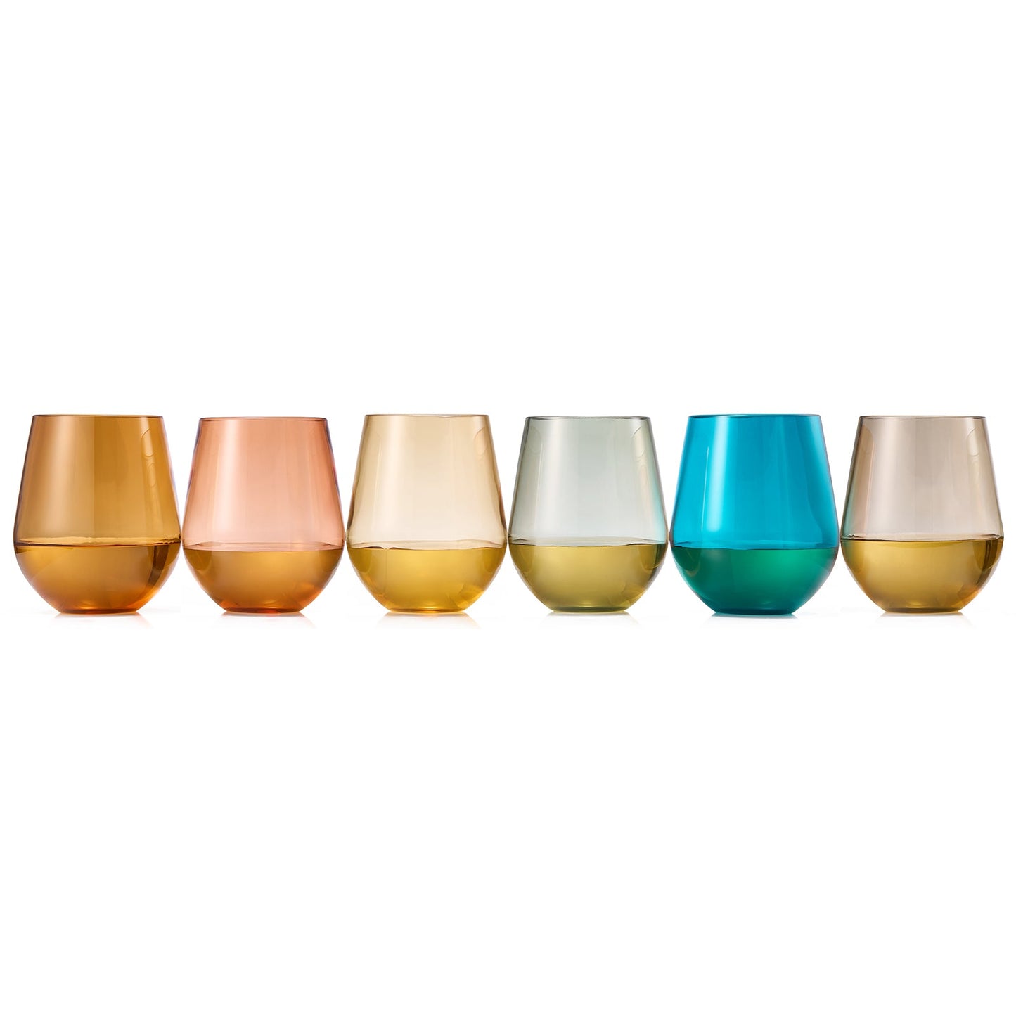Set of 6 stemless acrylic wine glasses standing side by side in mixed warm and cool tones