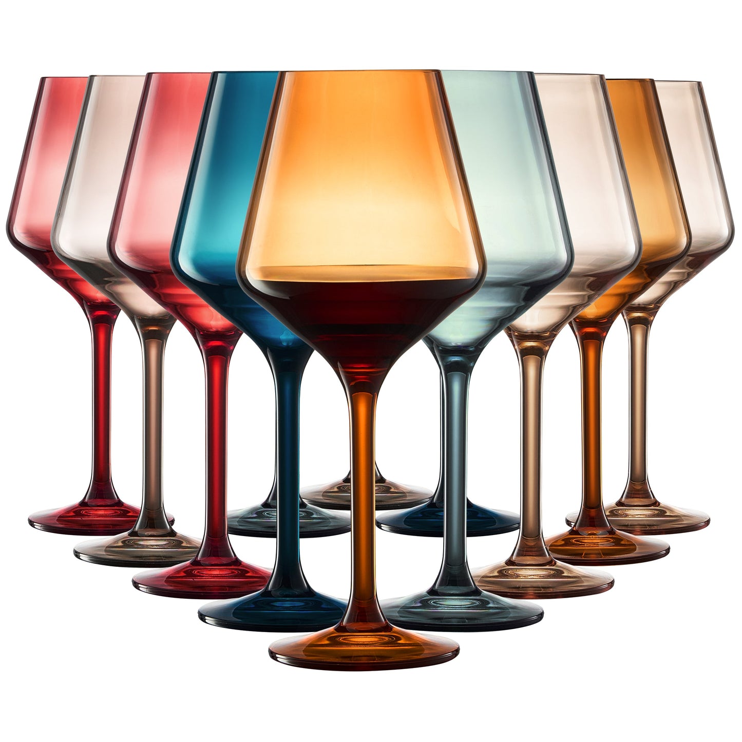 Set of 12 acrylic stemmed wine glasses, assorted red, blue, amber, green
