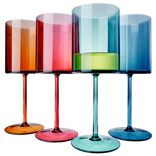 Set of 4 acrylic stemmed wine glasses with multicolor tinted bowls on long stems