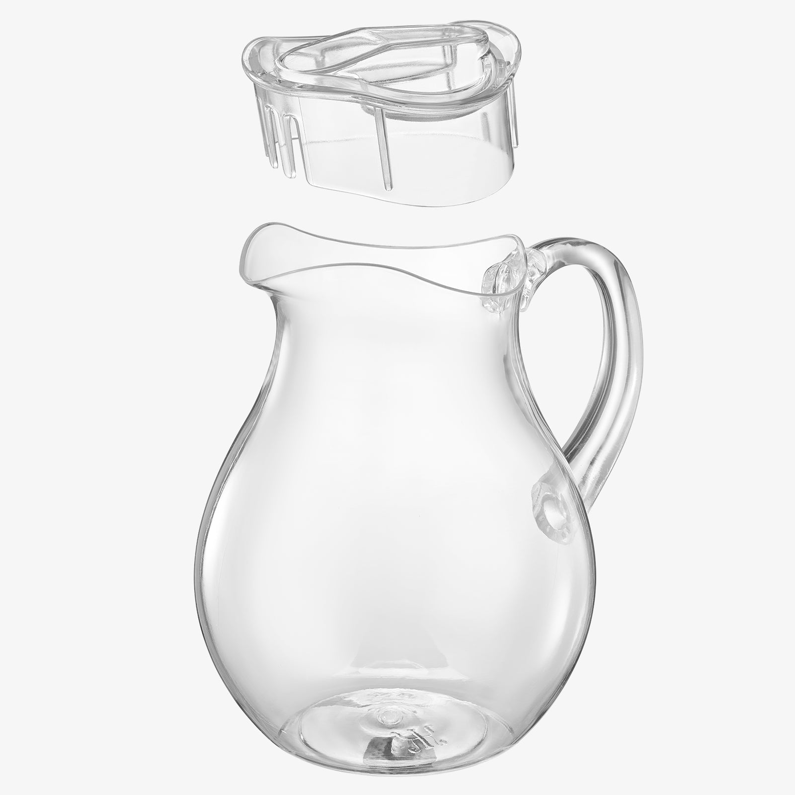 Clear acrylic pitcher with side handle and snap-on lid, empty