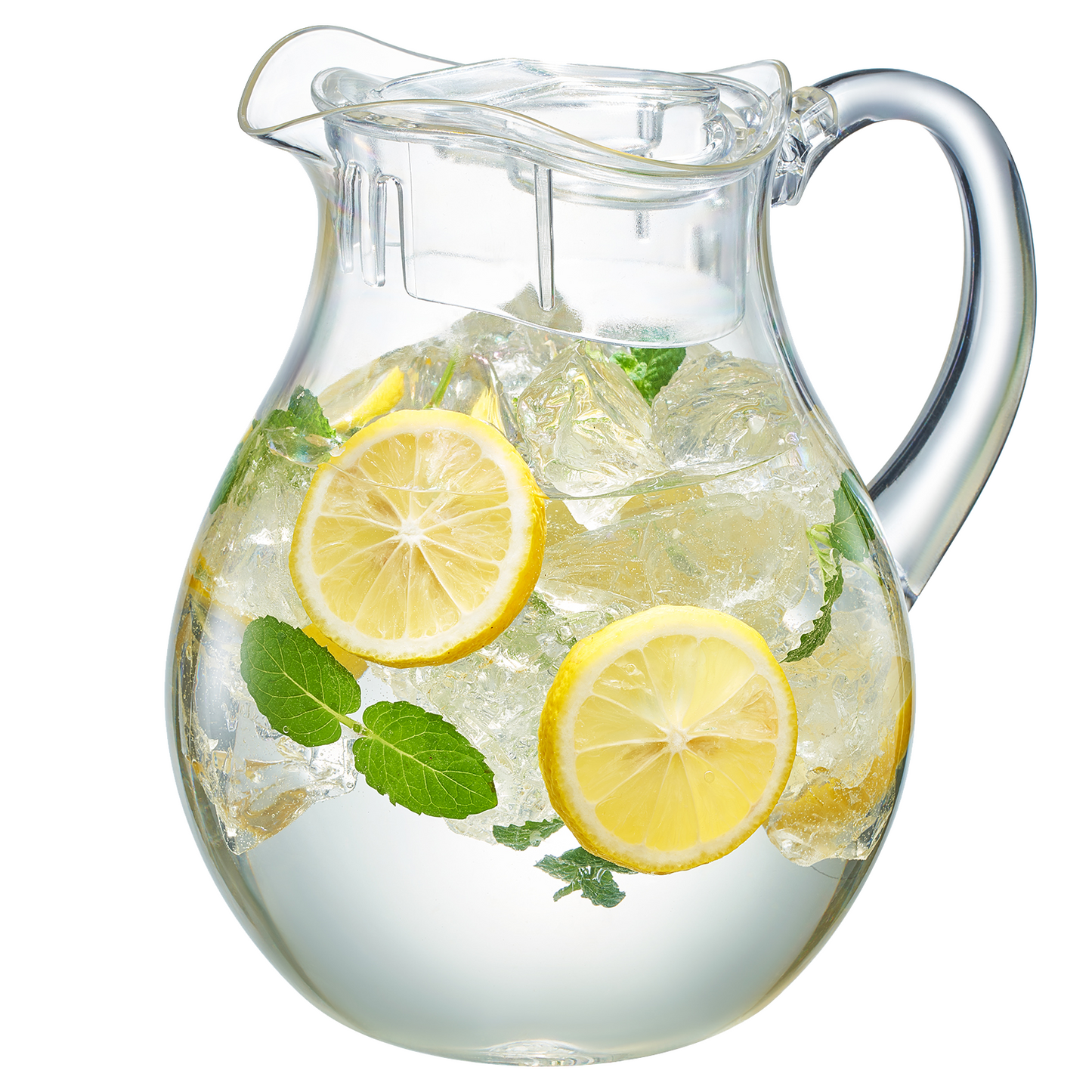 Clear acrylic pitcher with handle and lid, filled with lemon and mint-infused ice
