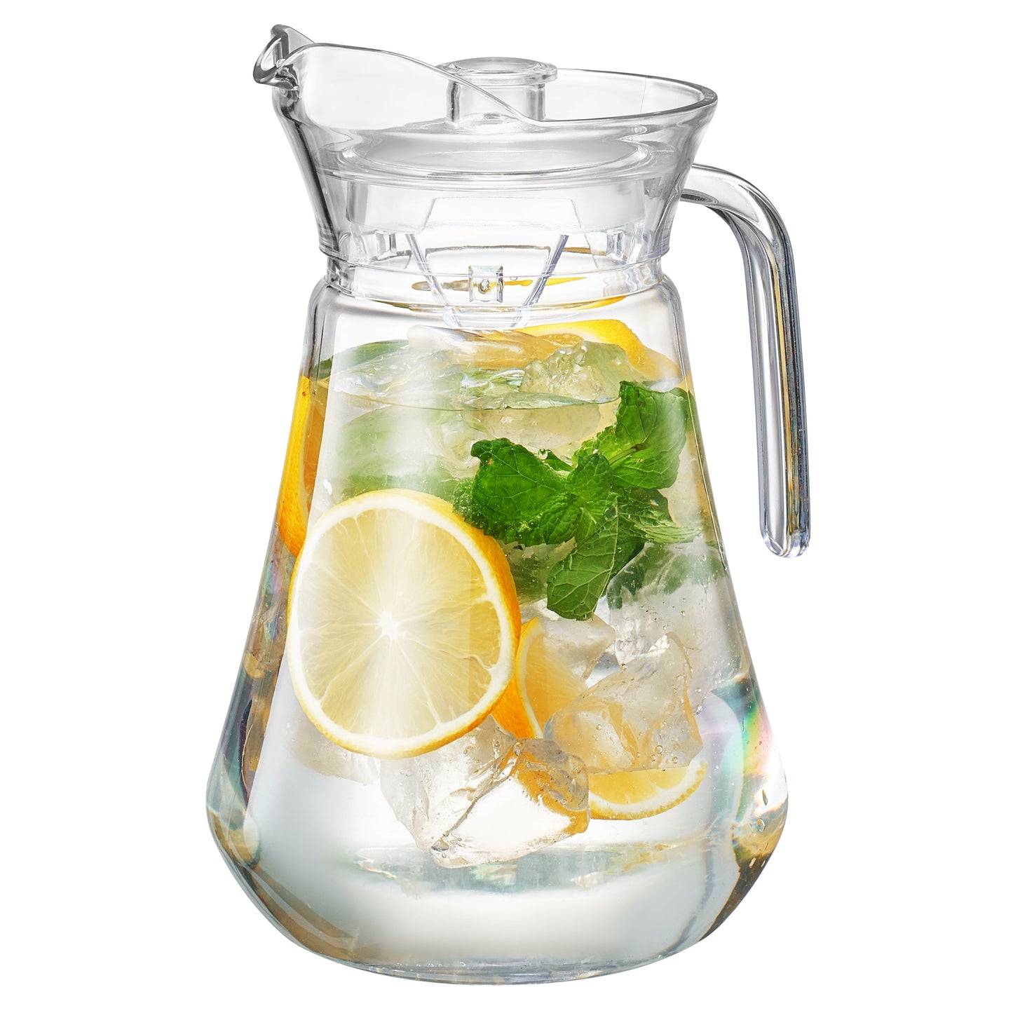 Clear acrylic pitcher with lid, handle, and spout; filled with lemon slices and ice.