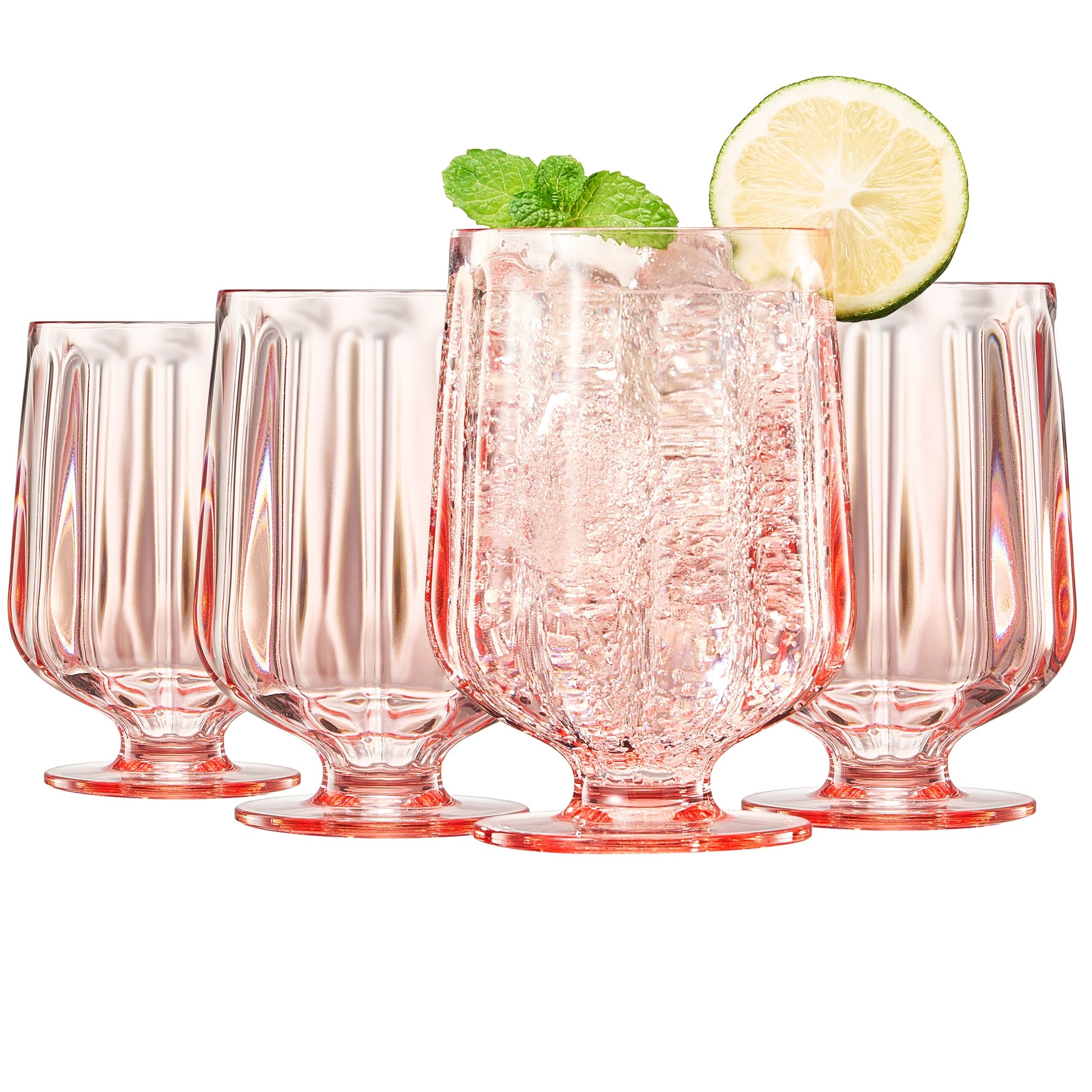 Rose-tinted stemmed acrylic wine goblet with faceted ridged sides and wide bowl