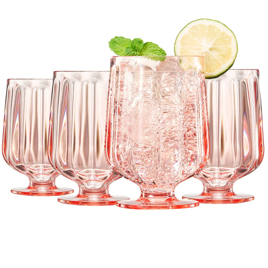 Rose-tinted stemmed acrylic wine goblet with faceted ridged sides and wide bowl