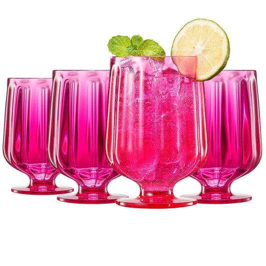 Set of 4 pink stemmed wine goblets, fluted sides and ribbed foot, with lime and mint