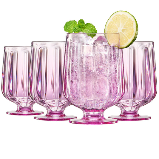 Acrylic stemmed wine goblets set of 4, faceted ribbed pattern, pink tinted glass