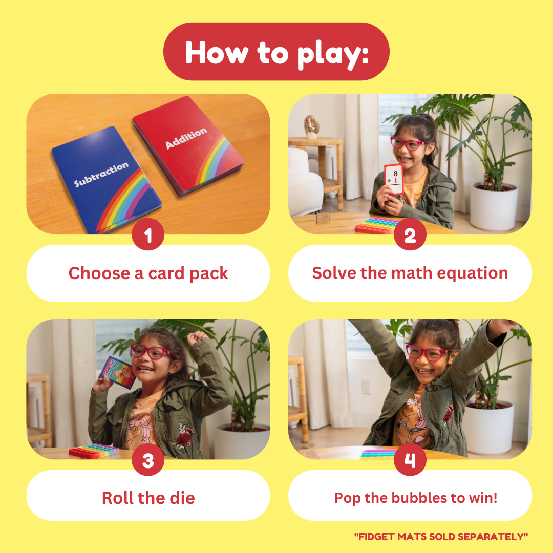 Child activity with addition and subtraction cards, plus die-roll and bubble-pop instructions