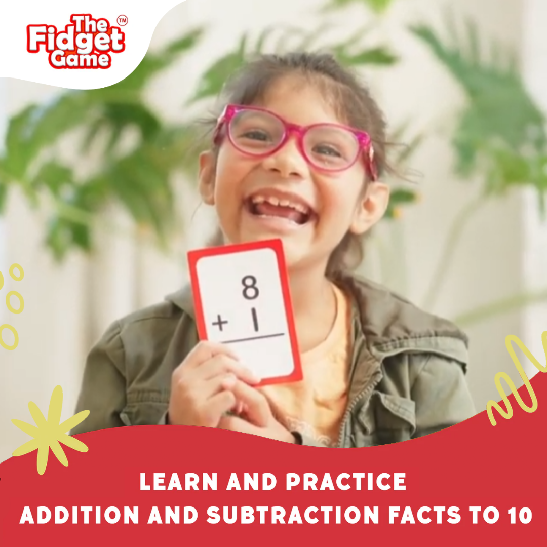 Addition and subtraction number card with red border showing an 8 plus 1 equation