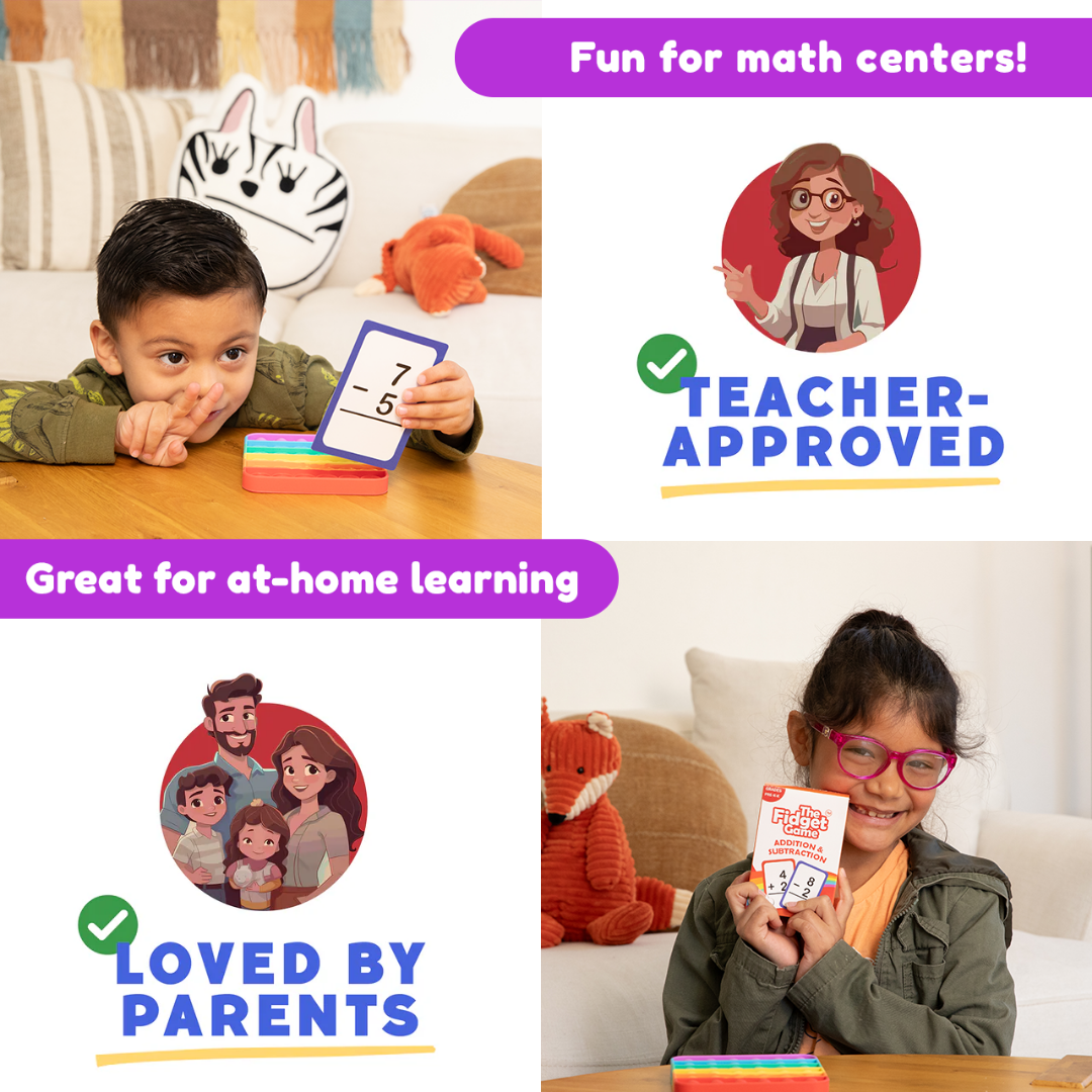 Addition and subtraction card pack for learning at home, with kid holding a subtraction card