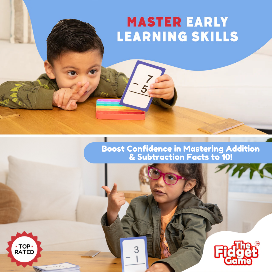 Addition and subtraction card game pack with children holding number cards at desk