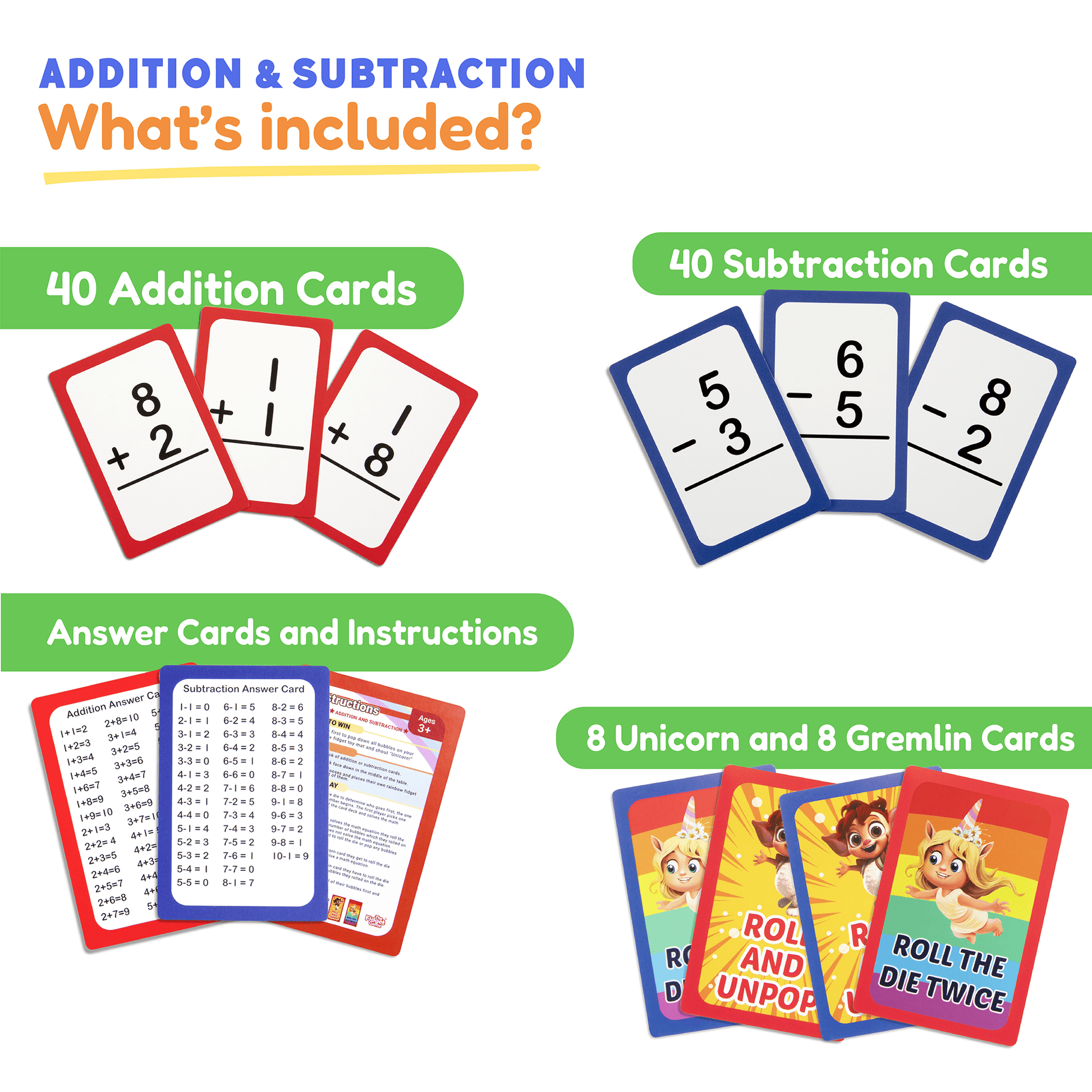 Addition and subtraction card set with addition cards, subtraction cards, and answer cards