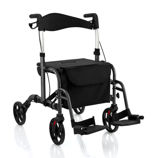 2-in-1 Adjustable Folding Handle Rollator Walker with Storage Space-Black
