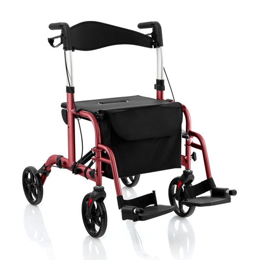 Red and black walker with seat on a white background