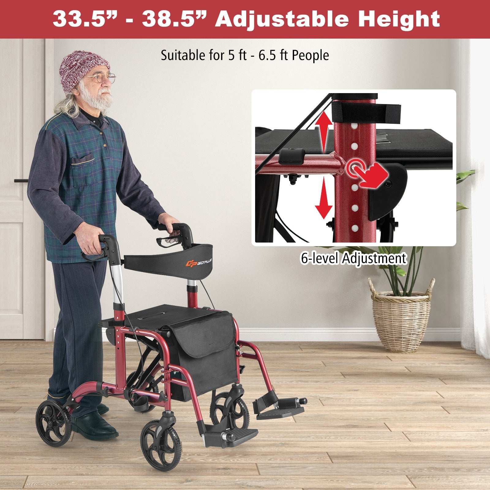 Man using a adjustable height walker with a close-up of the adjustment mechanism.