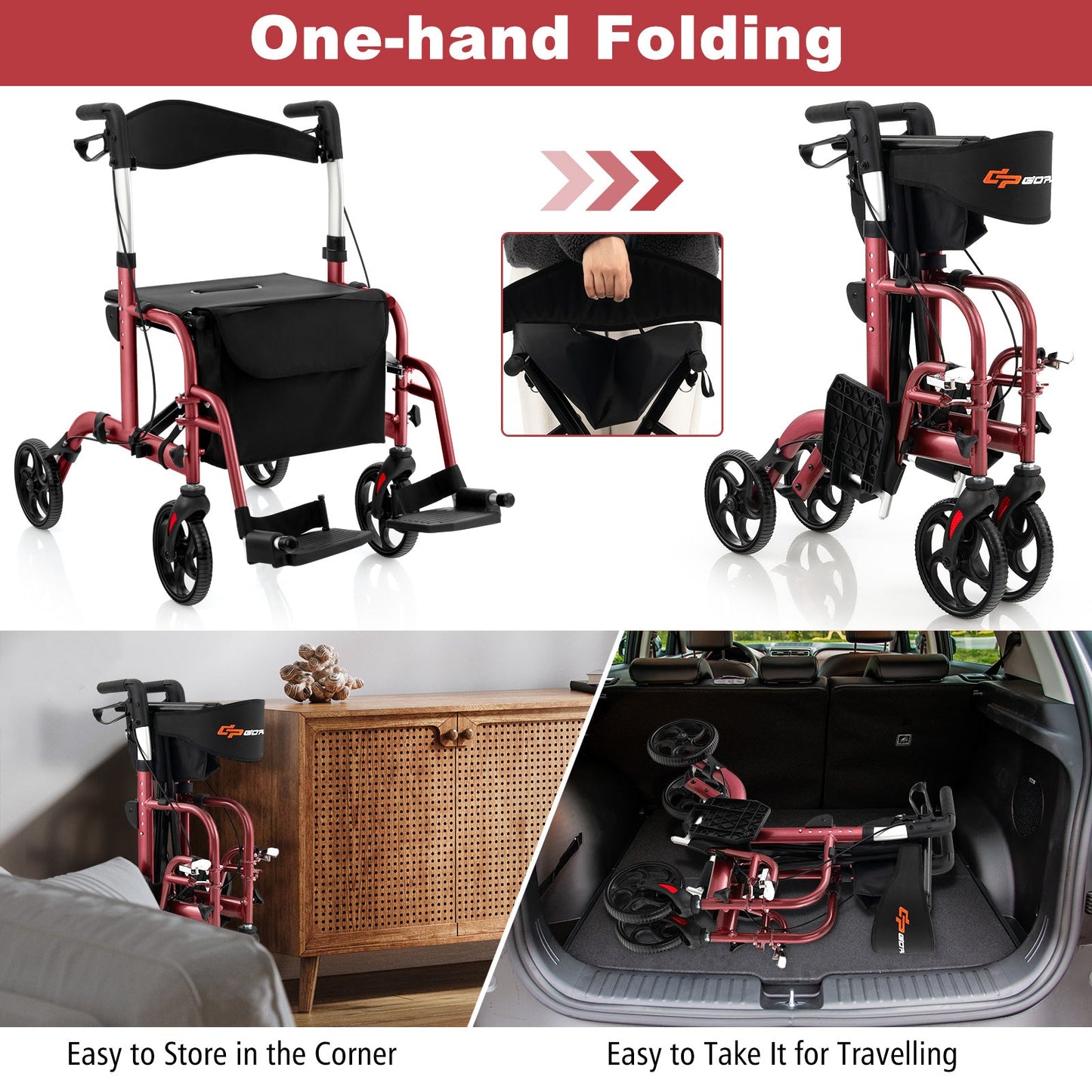 Red and black one-hand folding walker with storage and travel features.