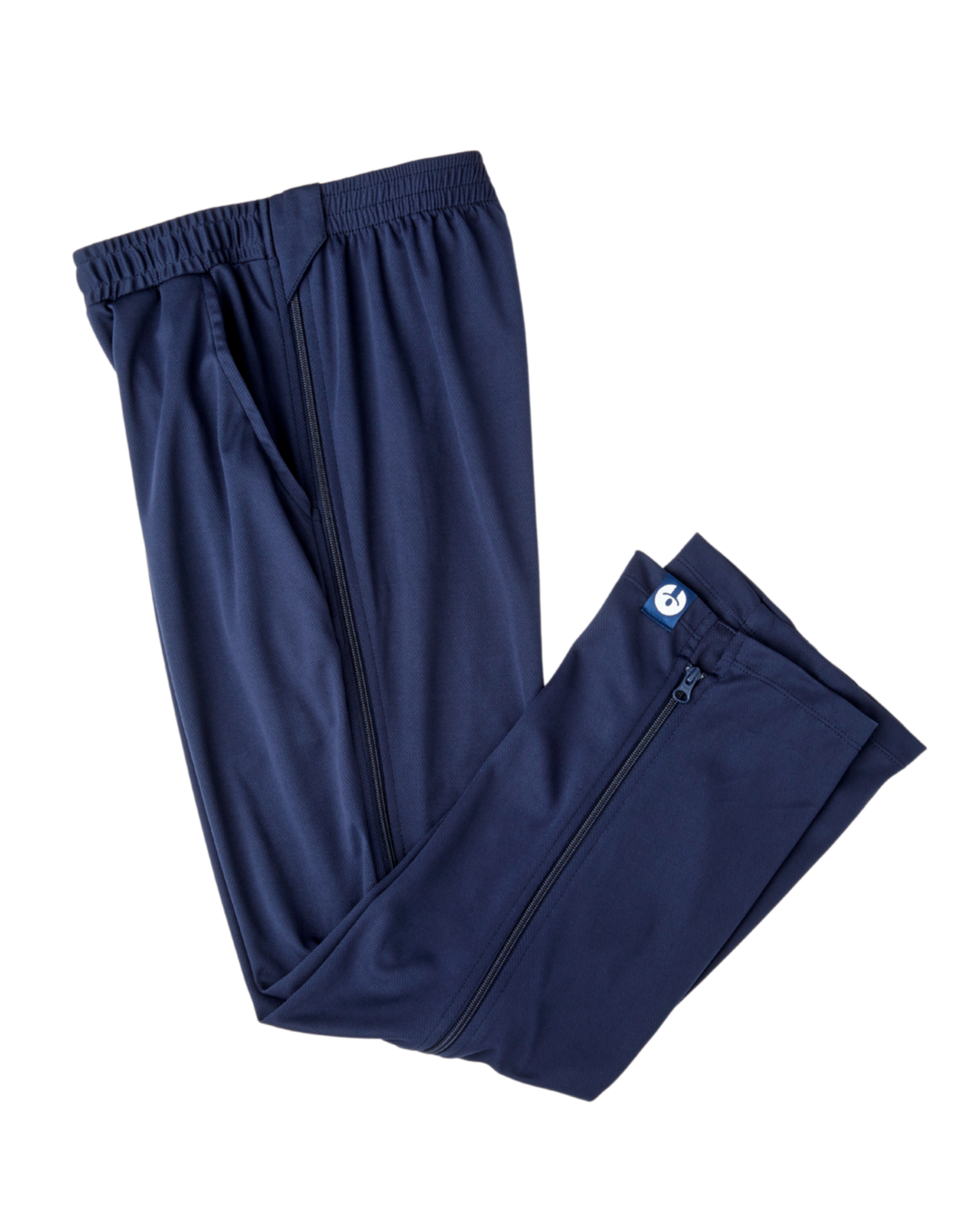 Navy blue pants with a brand logo on a white background
