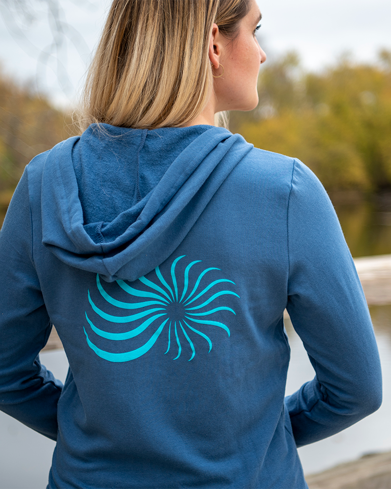 Blue zip hoodie with hood and turquoise sunburst graphic on back