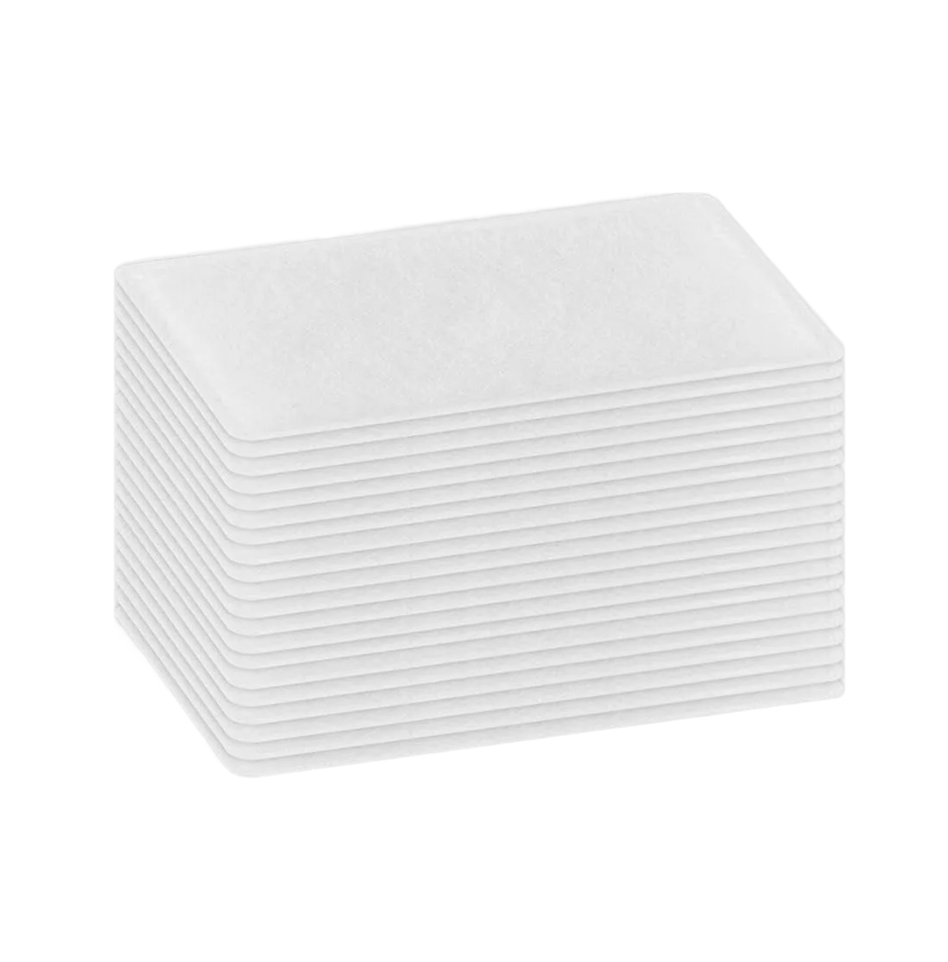 A stack of white rectangular pads, resembling AirSense 11 Filter Packs, arranged neatly on a white background.