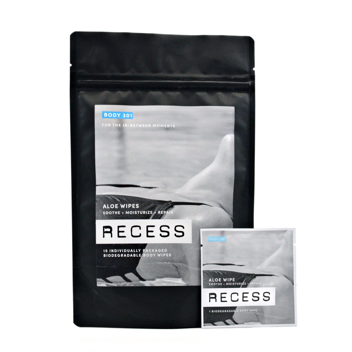 Black packaging of Recess aloe wipes with a smaller inset showing a single wipe.