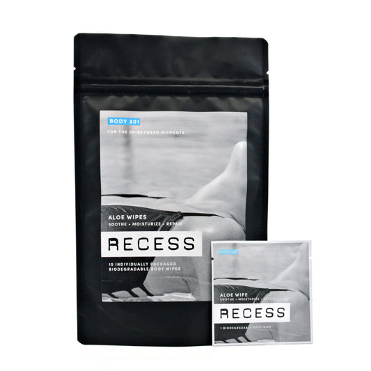 Black packaging of Recess aloe wipes with a smaller inset showing a single wipe.