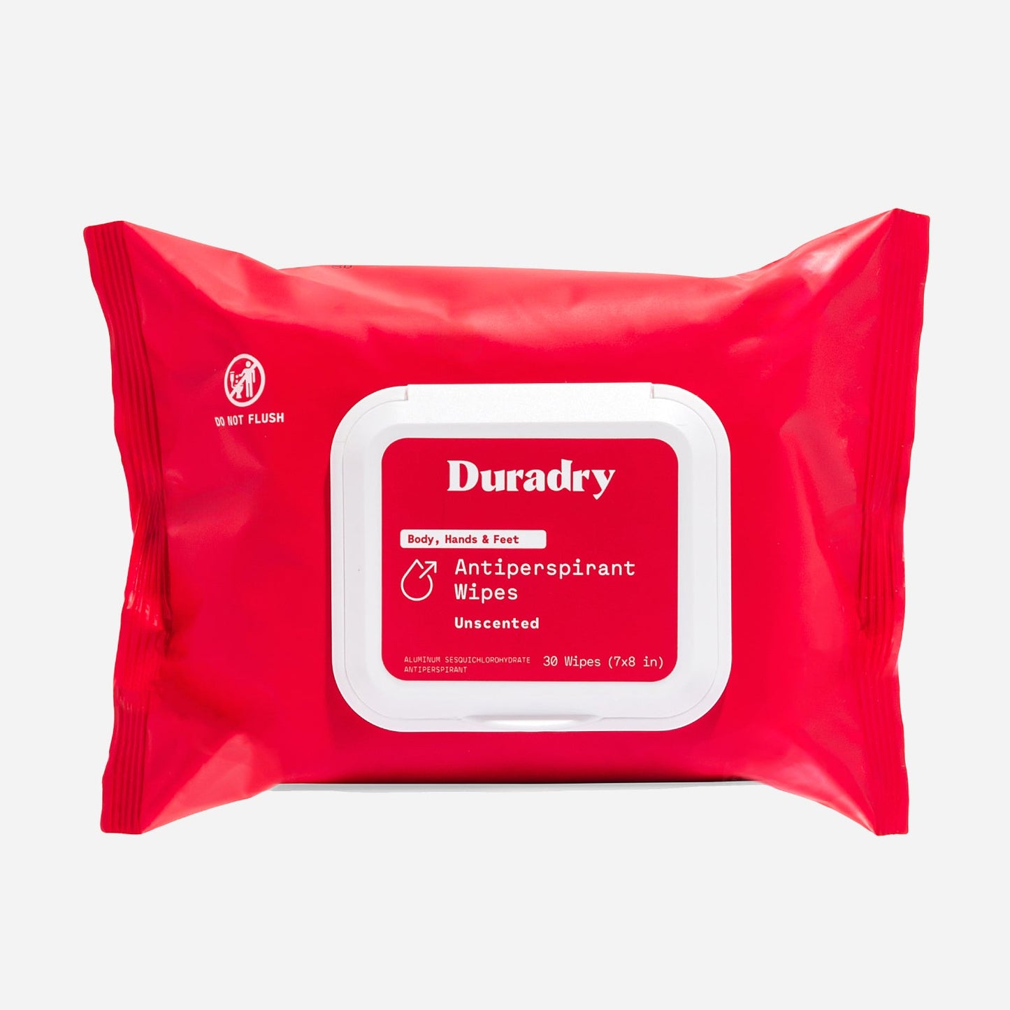 Red package of Duradry antiperspirant wipes on a white background