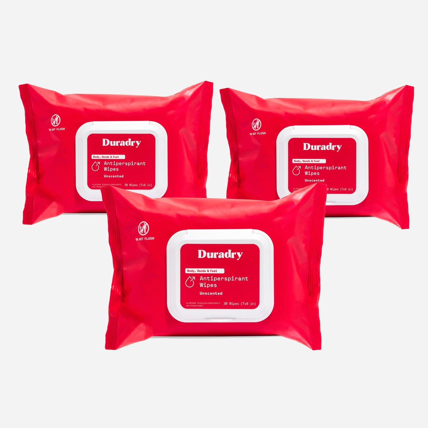 Three packs of Duradry antiperspirant wipes on a white background